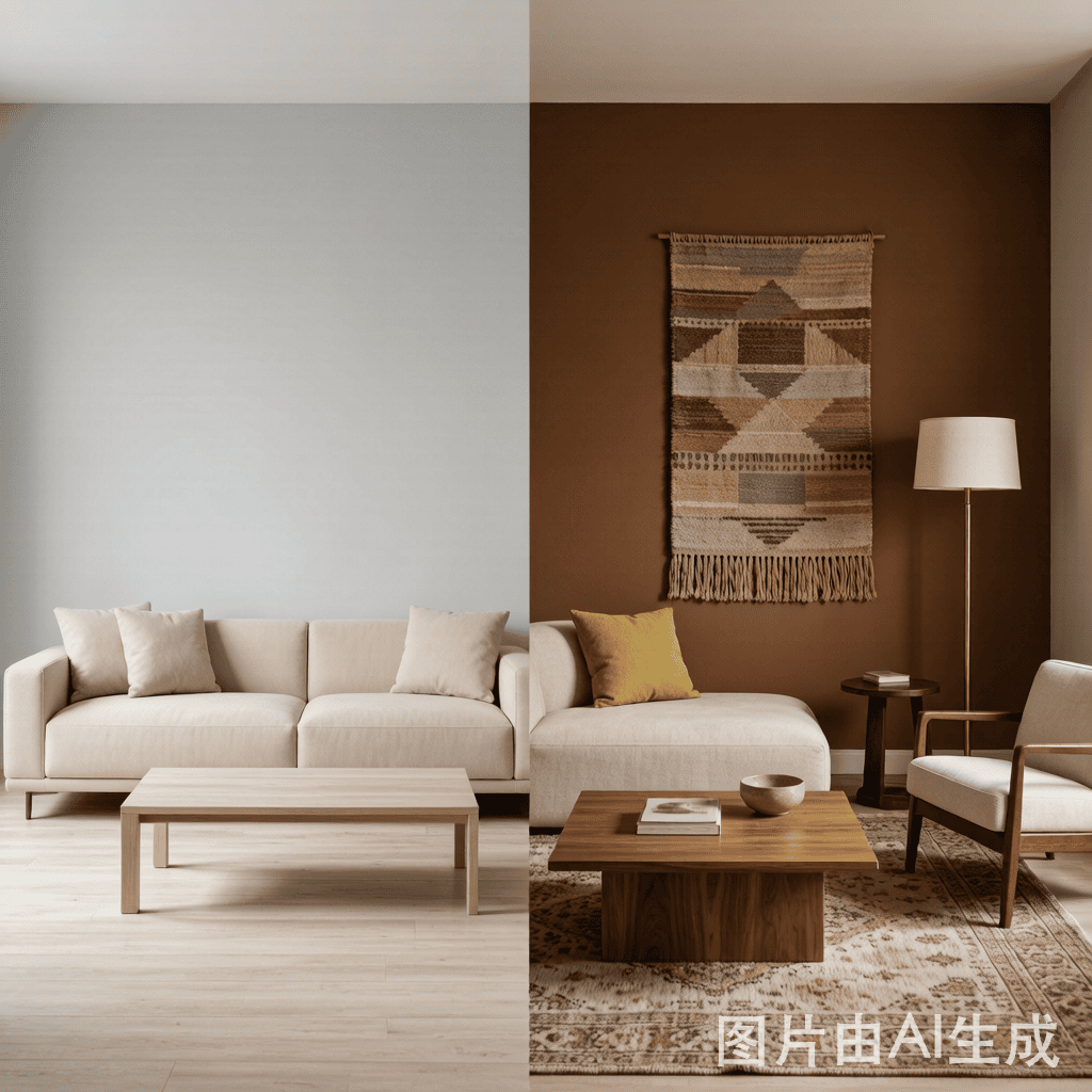 Side-by-side of a pale 2024 neutral room versus a warm 2026 maximalist room with earthy umber and chartreuse accents