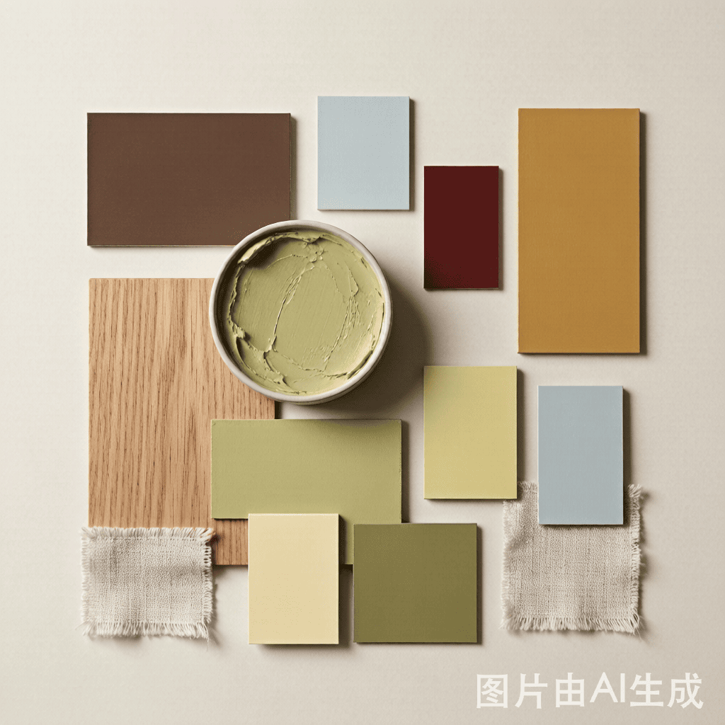 2026 color forecast board showing earthy umber, pistachio-chartreuse, desaturated sky blue, ochre, and red swatches